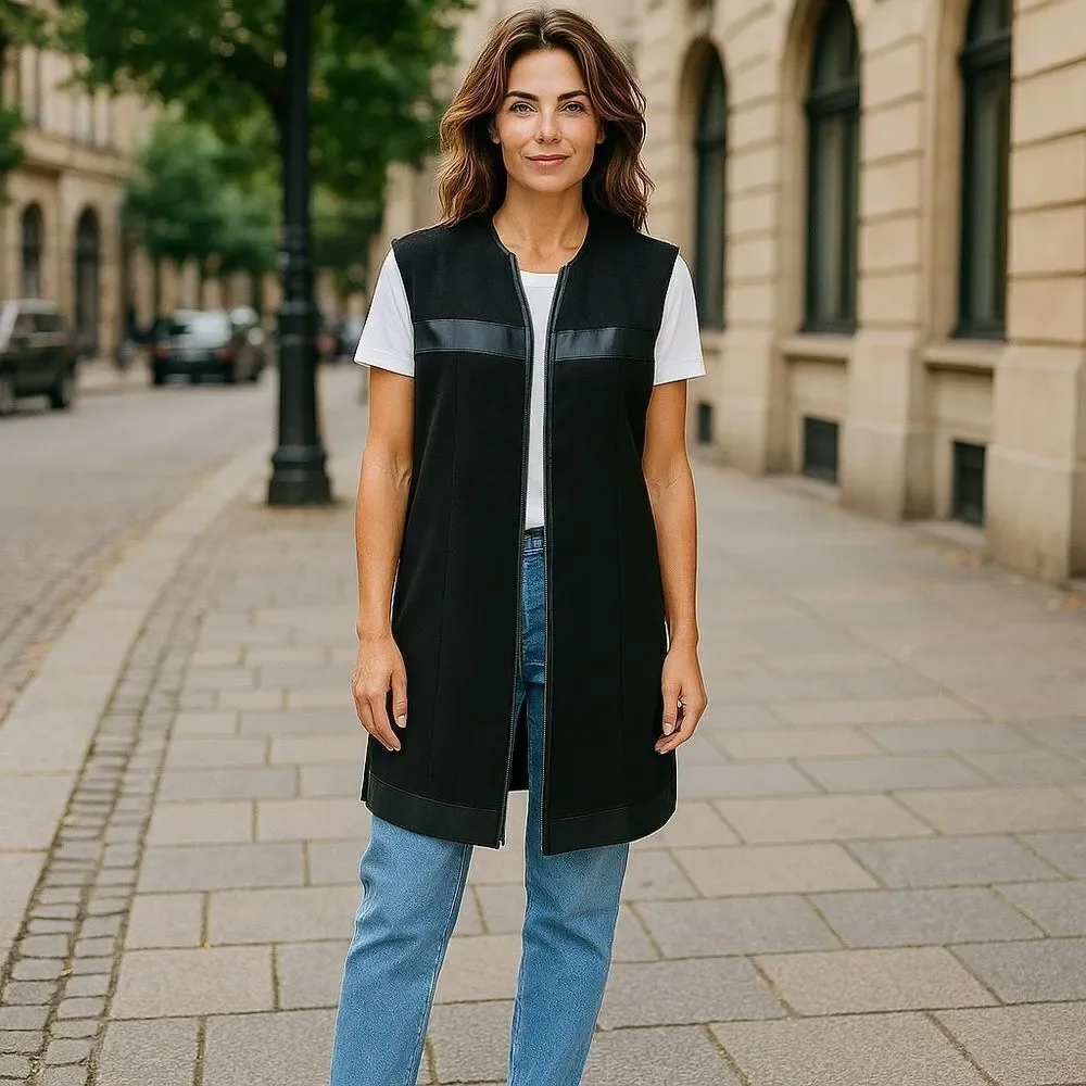Charlie Paige Black Faux Leather Trim Vest Duster
